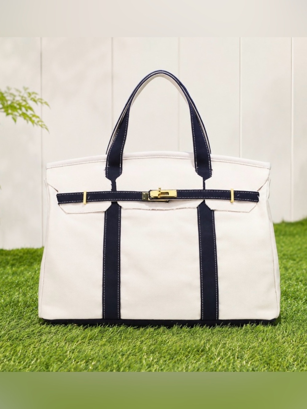 White Canvas Tote with Navy Trim